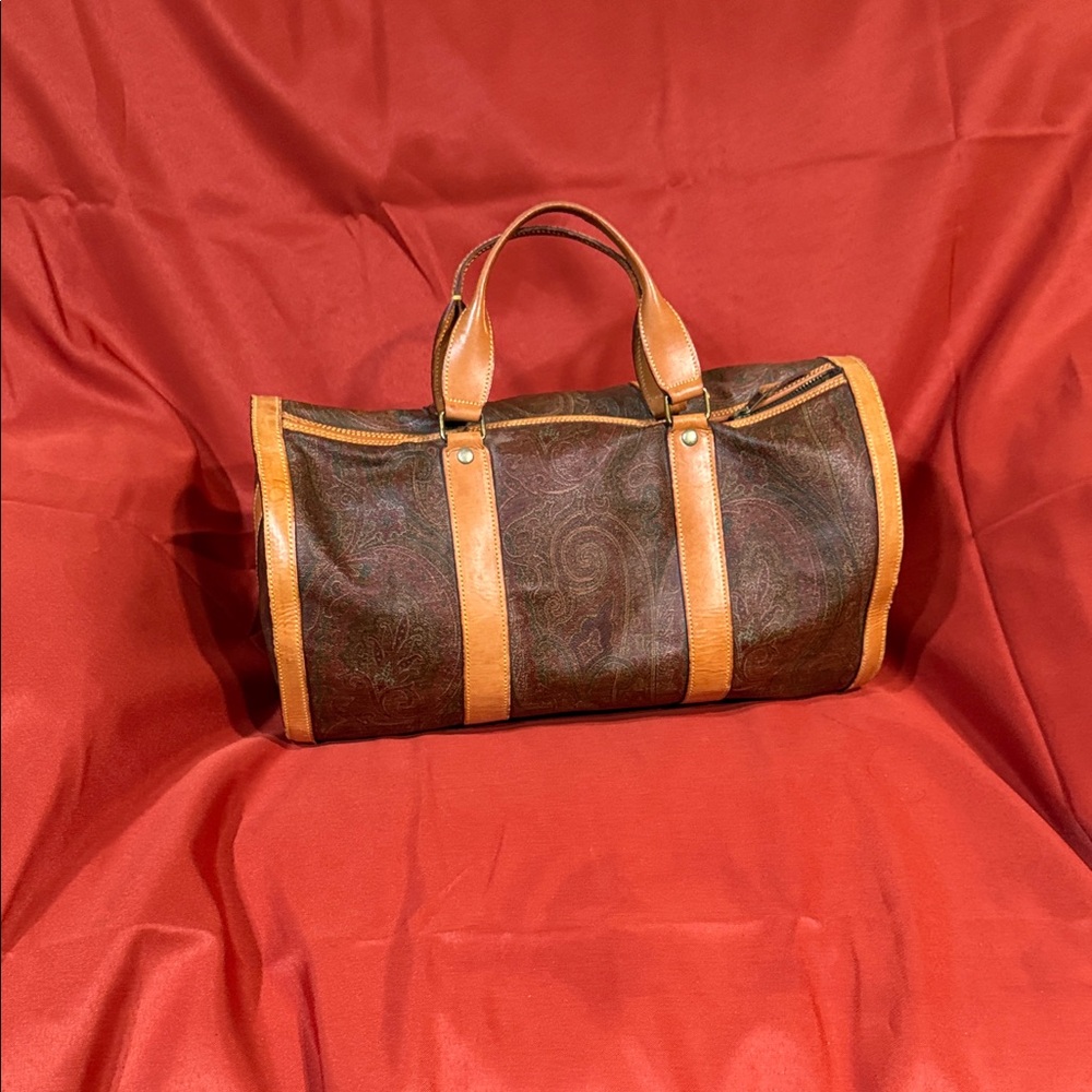 Brown and Tan Leather Etro Duffel Bag